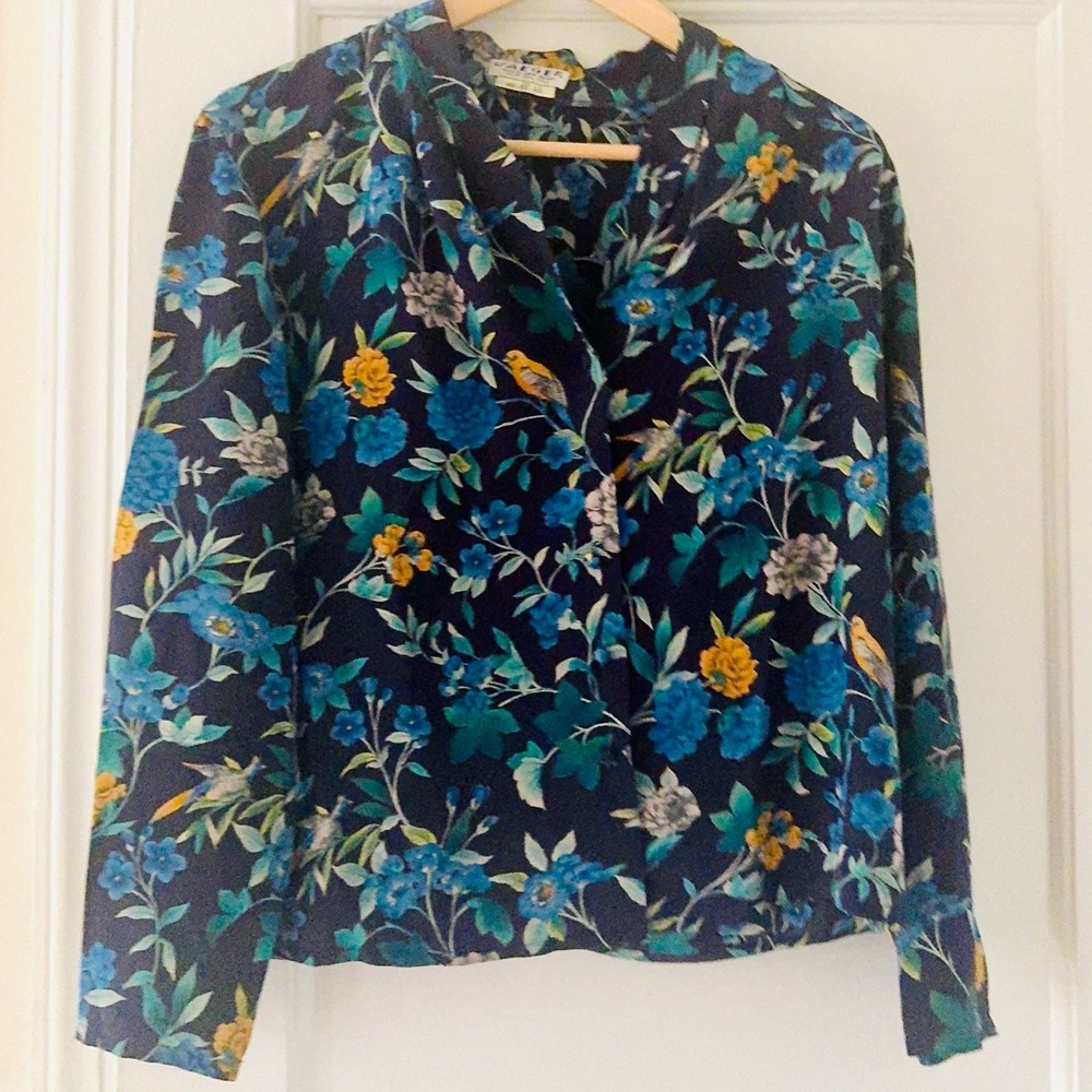 Jaeger Floral Print Silk V Neck Button Down Blouse